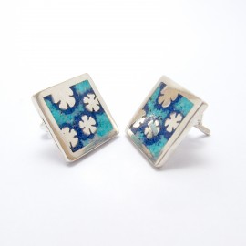 Unique silver square earrings with turquoise flowers