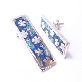 Unique silver Tiles with Flowers earrings with Turquoise