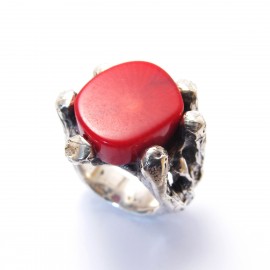 Handmade silver Twisted Tree ring with Coral