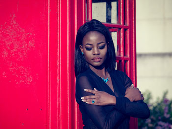 Dahlia jewellery set with turquoise on model in London
